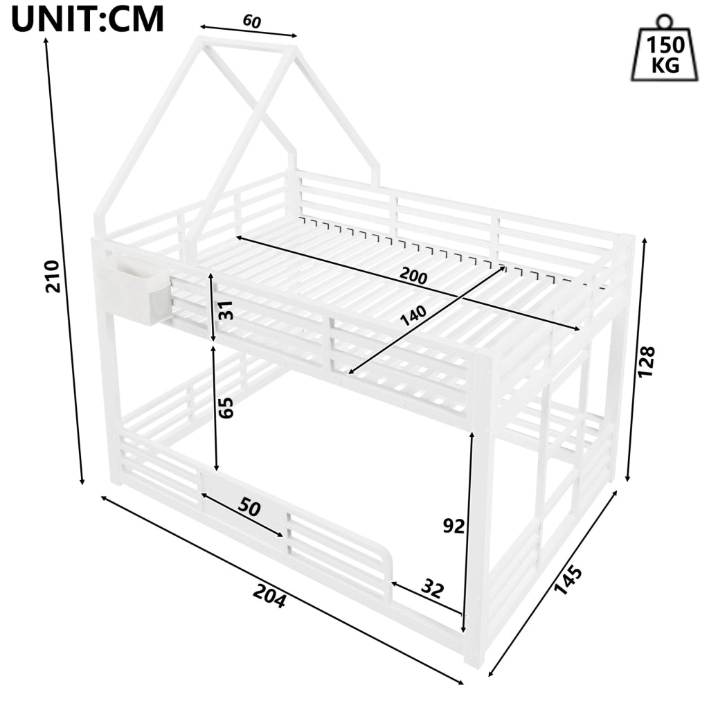 Letto a castello 140x200 cm in metallo e MDF con LED multicolore; design casetta bianco