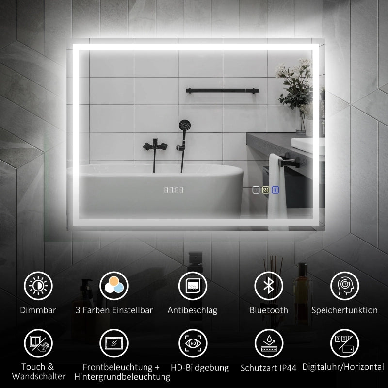 Specchio da bagno LED con Bluetooth; orologio digitale; antiappannamento e controllo touch; argento