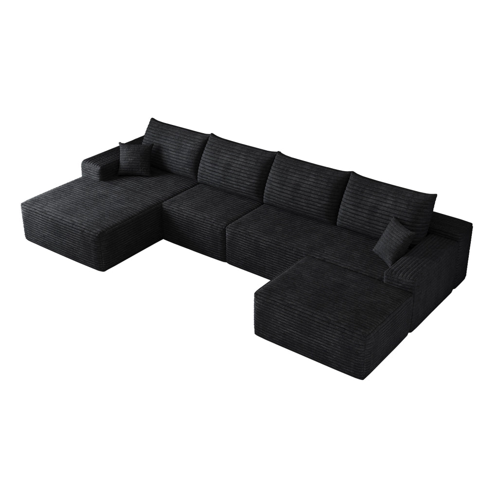 Divano angolare modulare 340 cm con chaise longue a L, tessuto di velluto a coste nero, senza montaggio richiesto