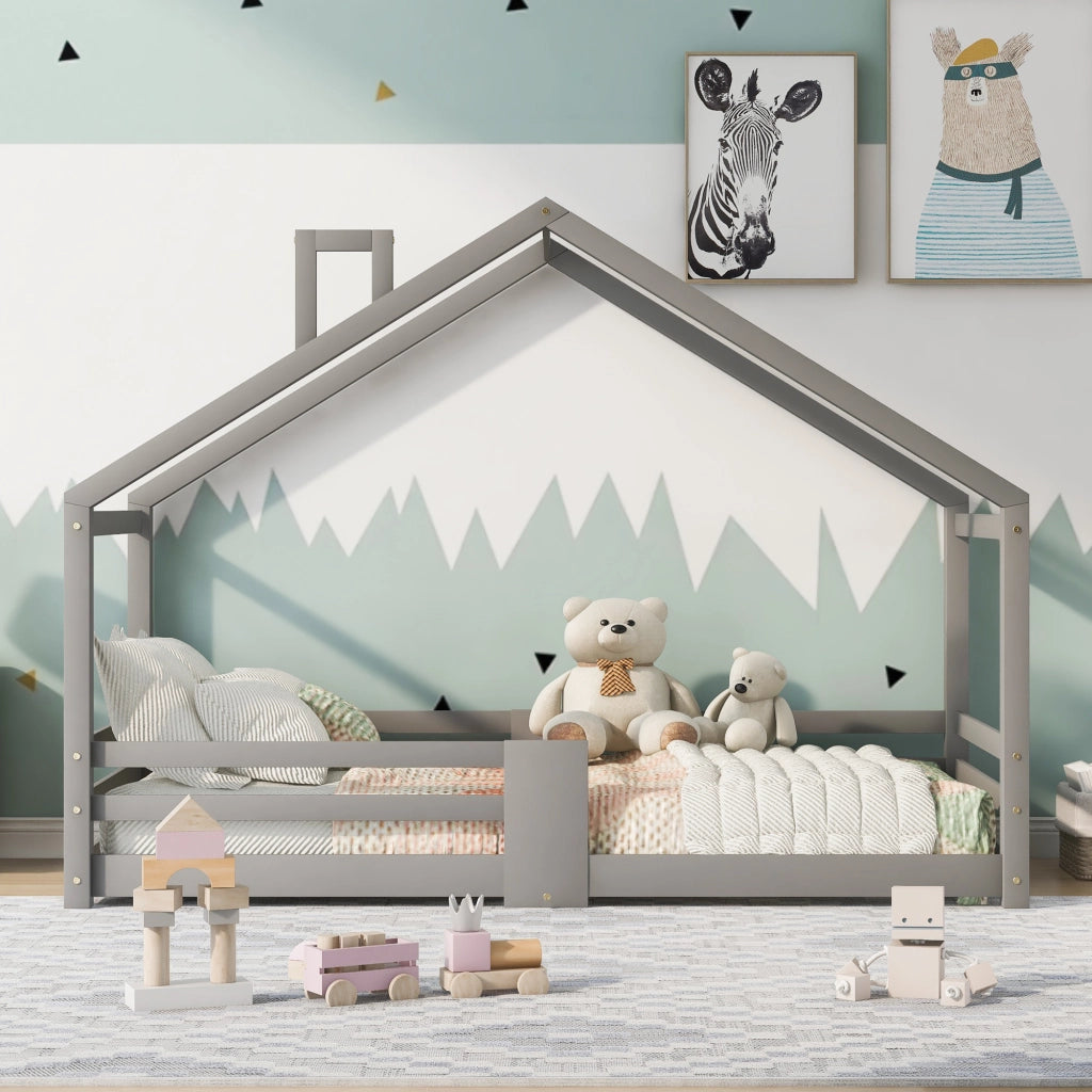 Letto a casetta 90 × 200 cm con protezione anticaduta e 15 doghe in legno grigio senza materasso
