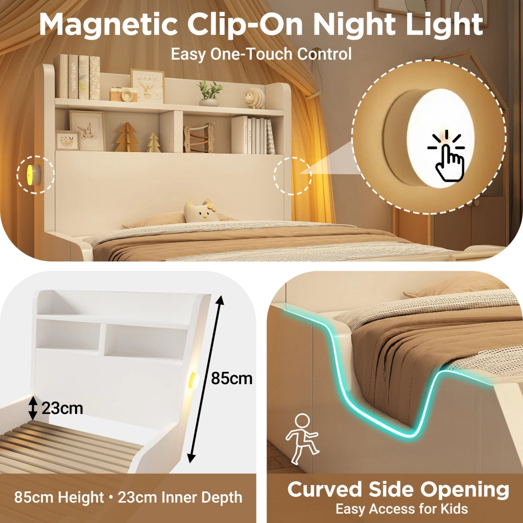 Letto per bambini 90x200 cm con luci notturne; ripiani e libreria removibile; legno bianco