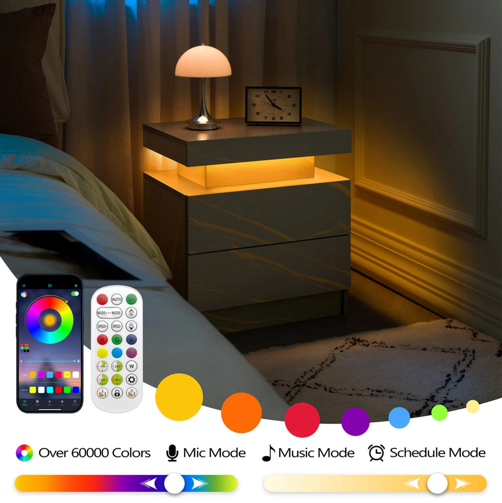 Comodino moderno DESMIU con luci LED regolabili e 2 cassetti, colore grigio oro