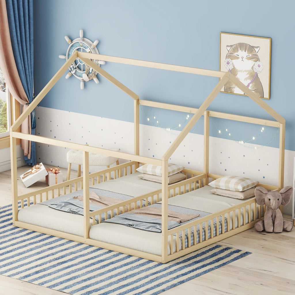 Letto per Bambini 90 x 200 cm - con Sponde; Modello Casa - in Pino e MDF - Naturale