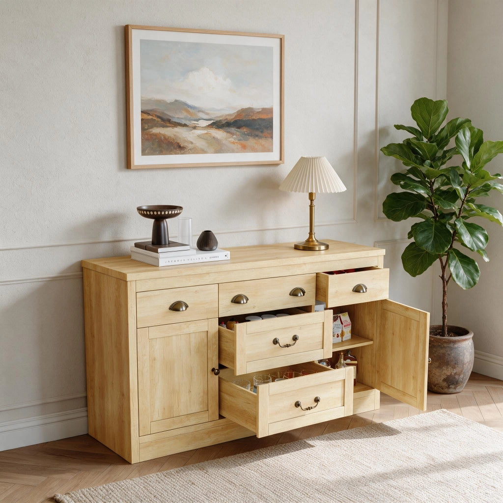 Cassettiera cucina 135x40x80 cm 5 cassetti 2 ante con piano contenitore mobiletto multiuso legno metallo -legno naturale