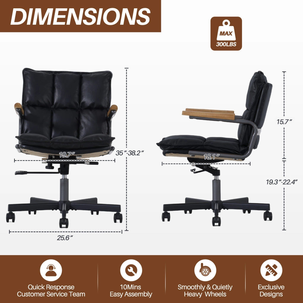 Sedia da ufficio in pelle con braccioli in legno, base girevole a 360° e ruote silenziose, struttura in metallo, colore nero