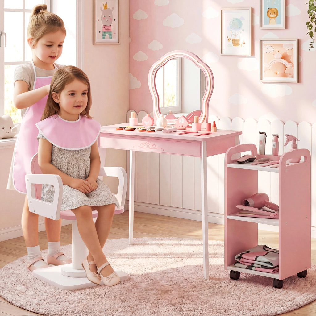 Set toeletta per bambini tavolo da parrucchiere con poltrona girevole e carrello con ruote, Postazione trucco con asciugacapelli e pettine