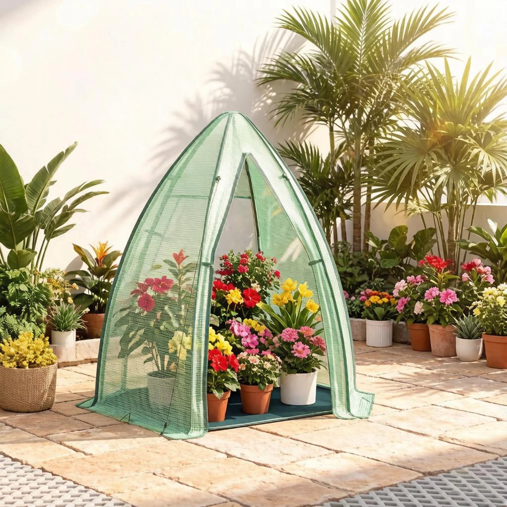 Serra da giardino con telo in PE 130 gsm e base isolante; struttura in acciaio con porta e finestra