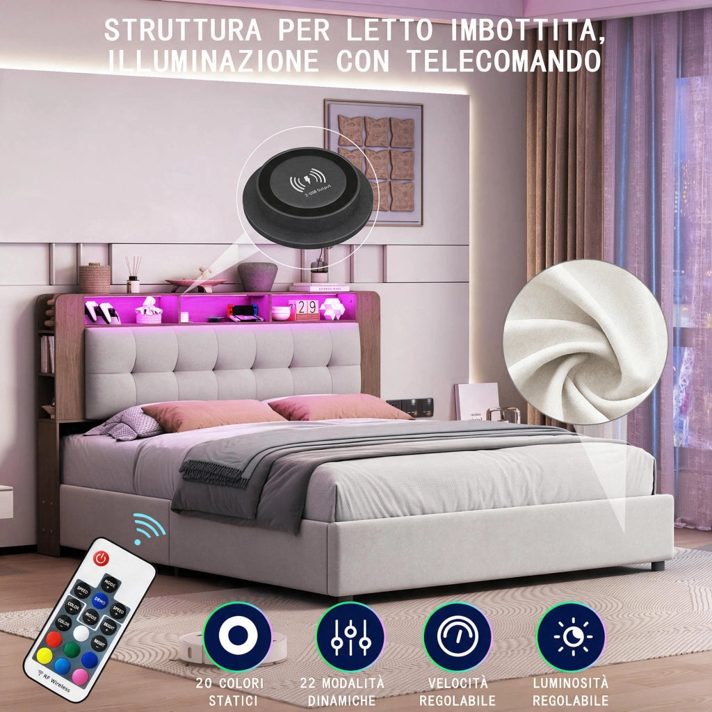 Letto contenitore 140x200 cm bianco, testiera con mensole e luci LED RGB, imbottito, sollevamento idraulico, camera da letto moderna