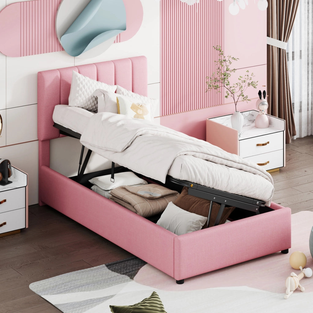 Letto imbottito singolo rosa 90x200 cm con contenitore idraulico