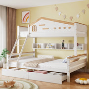 Letto a castello per bambini in pino e MDF bianco e naturale con due cassetti; finestrella e scaletta; 90x200 e 140x200 cm
