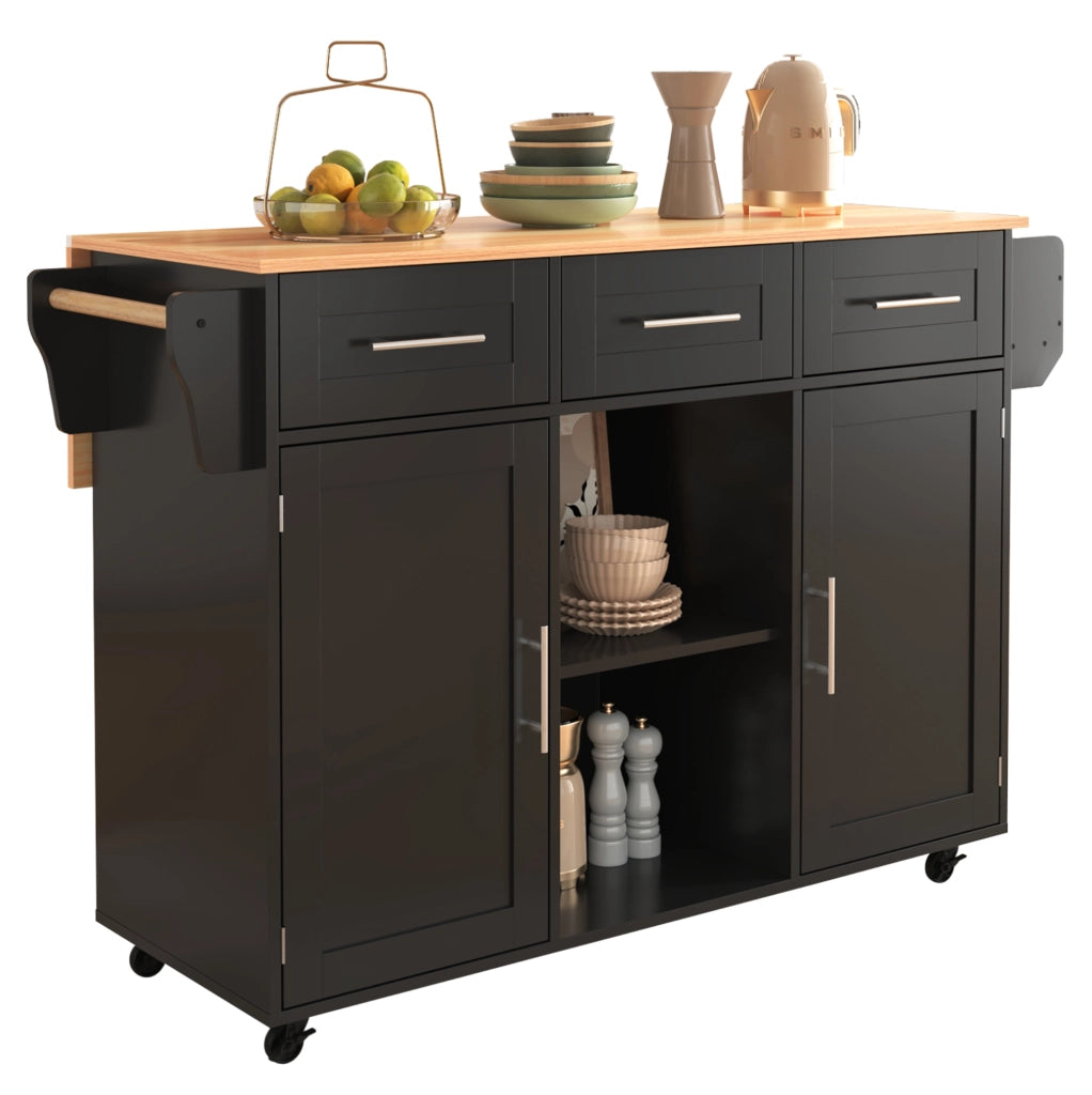 Carrello da cucina 139 x 46 x 91,5 cm nero effetto legno, piano ribaltabile, ruote