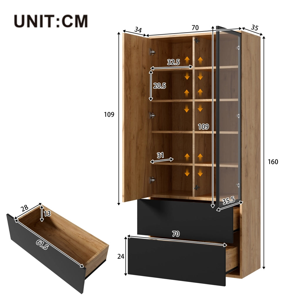 Desviae Vetrina con LED 2 ante 2 cassetti 6 ripiani regolabili in truciolare e vetro nero naturale 70 × 35 × 160 cm
