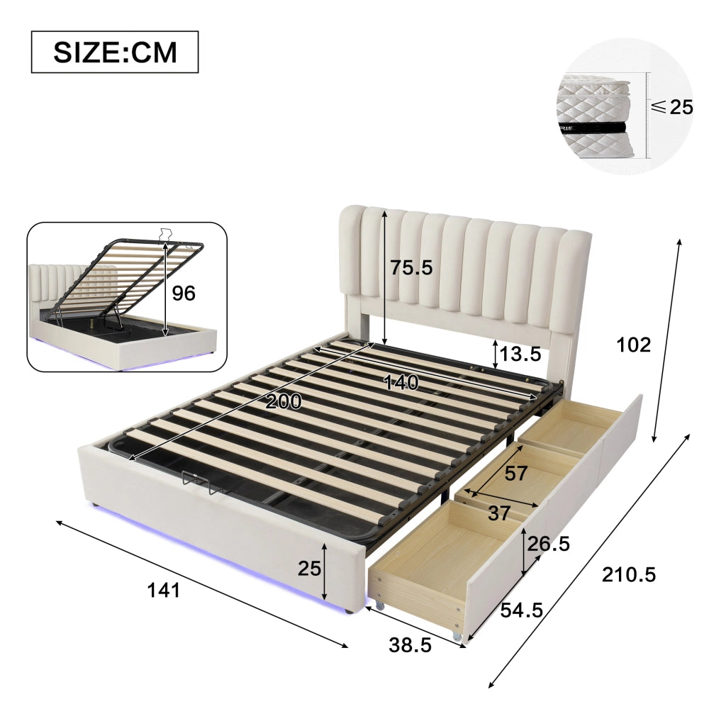 Letto per bambini imbottito 140 × 200 cm con vano contenitore idraulico 3 cassetti velluto beige LED