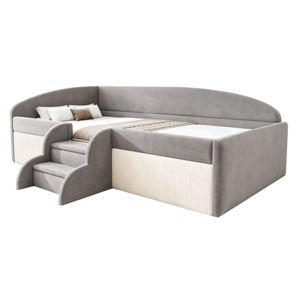 LETTO Imbottito per Bambini 90x190 cm Grigio con Gradini e Sponde