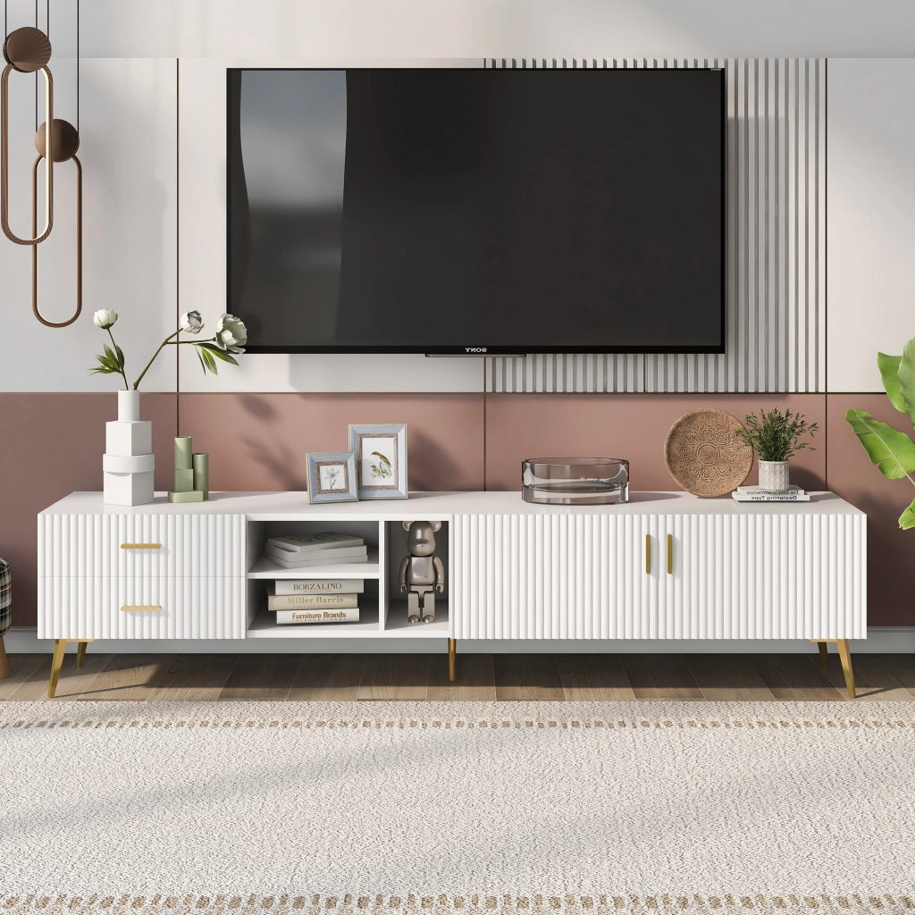 Mobile porta TV bianco in MDF con 2 cassetti e vani aperti, moderno e capiente