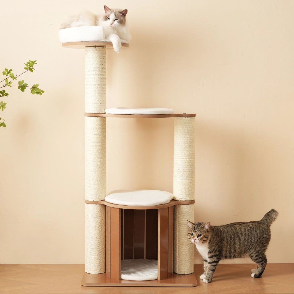 Tiragraffi per gatti a 3 livelli con cuccia colonne da 12 cm cuscini rimovibili MDF marrone bianco 60 × 48 × 135 cm
