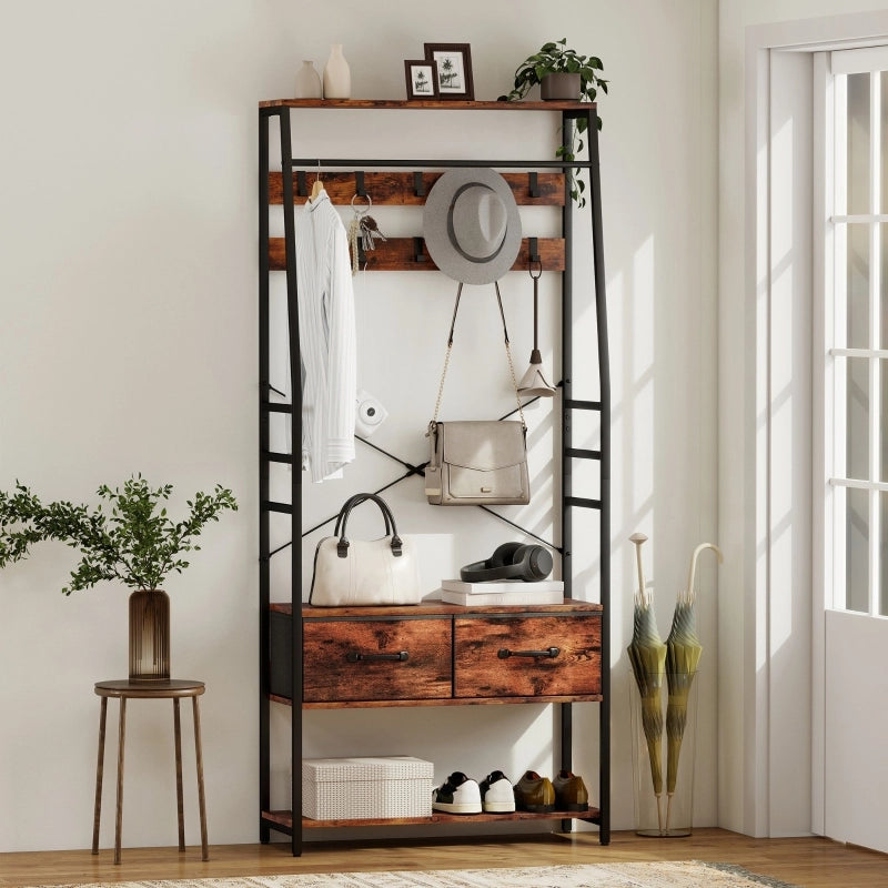 Guardaroba da ingresso 80x30x180 cm con panca portascarpe e 10 ganci in legno e metallo marrone rustico