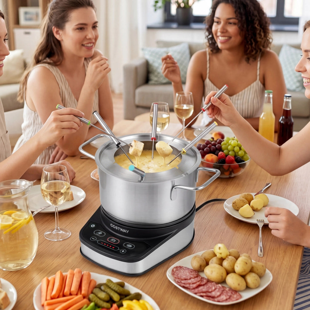 Set fonduta elettrica 3 l temperatura regolabile in acciaio inox rimovibile e lavabile, Fondue con 6 forchette pentola antiaderente e paraspuzzi
