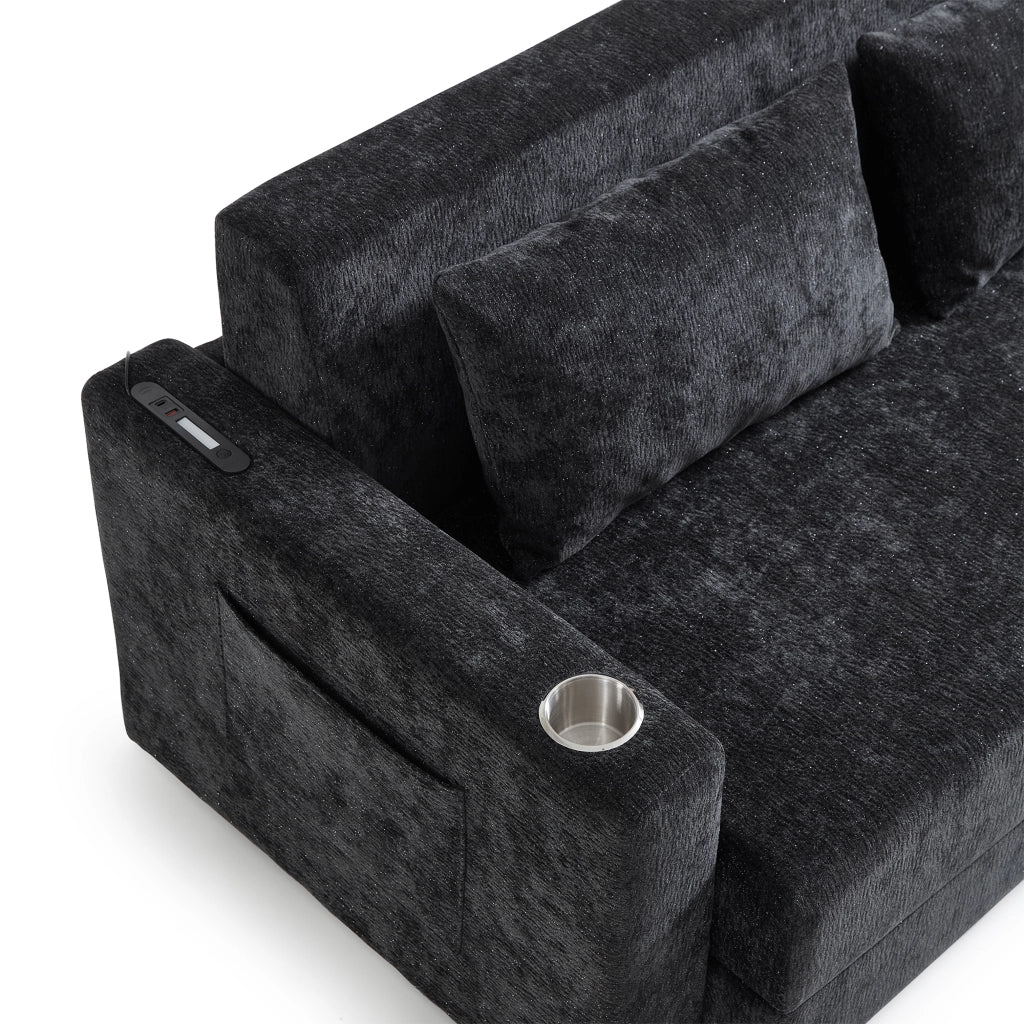 Divano letto pieghevole 2 posti 2 in 1 in ciniglia nero e grigio con USB