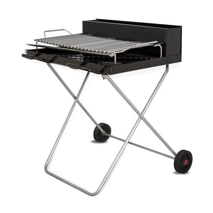 MILLE Barbecue Veneto 75x65 h 90 in lamiera acciaio 2 mm verniciato a forno 200° con griglia cromata canalette portalegna 74x20 cm ruote e gambe richiudibili colore Nero