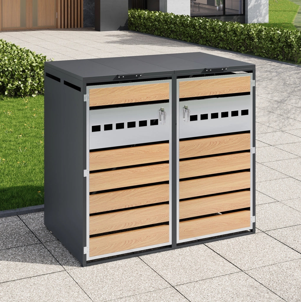 Contenitore per bidoni con coperchio a ribalta idraulico, struttura in acciaio zincato, porte chiudibili a chiave, design elegante con pannelli traforati orizzontalmente