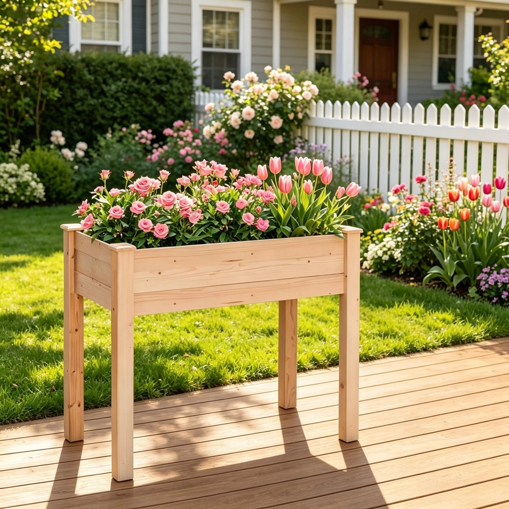 Fioriera rialzata in legno di abete con fodera in tessuto non tessuto e 4 fori di drenaggio 86 × 46 × 76 cm