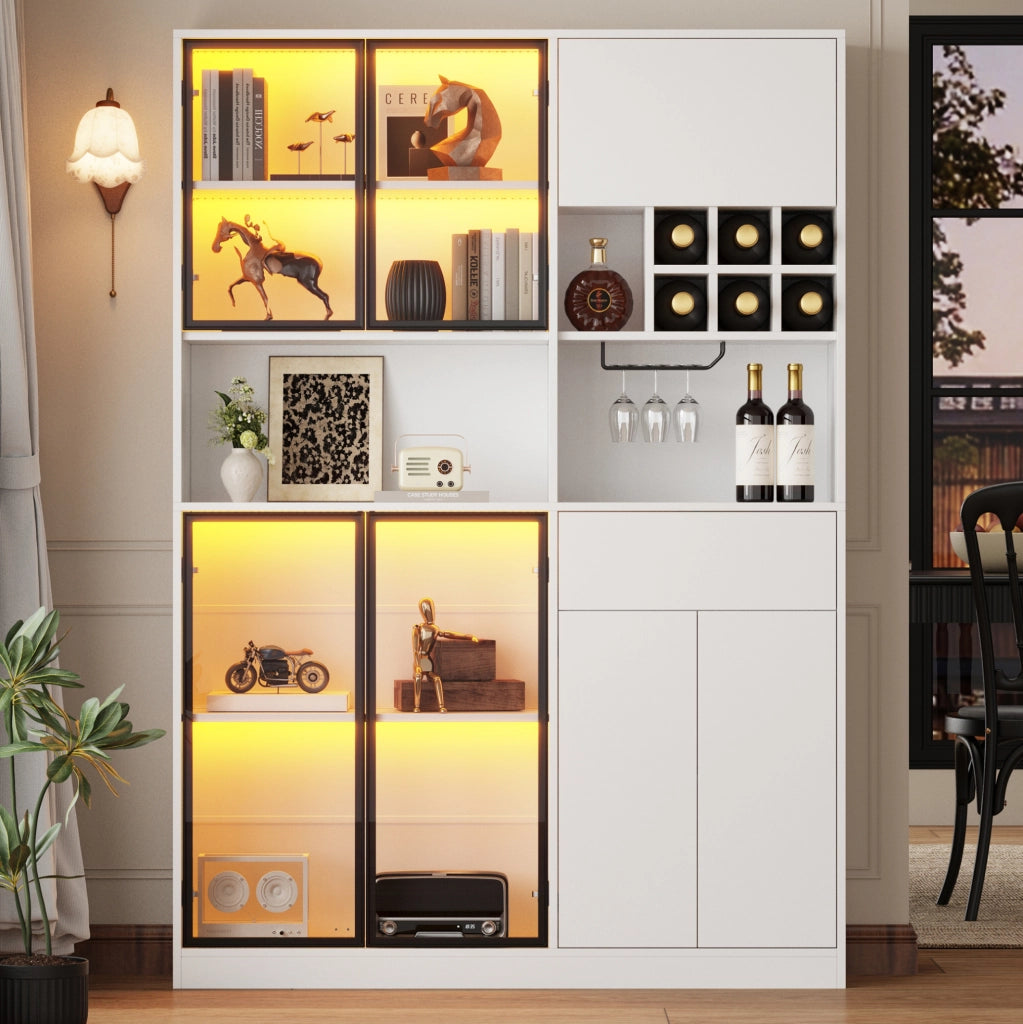 Vetrina bianca in truciolato 140x30x200 cm con 7 porte, 1 cassetto, LED Bluetooth, portabicchieri e 6 portabottiglie