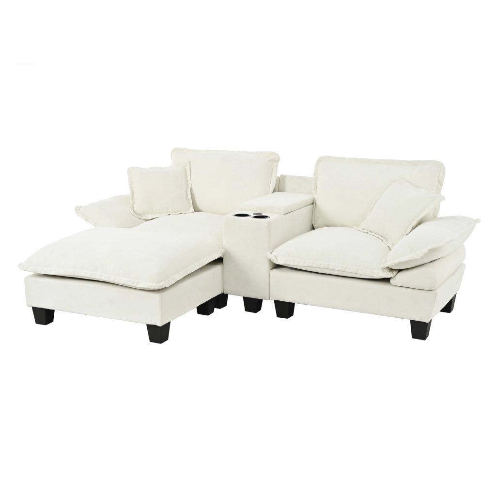 Divano Angolare Modulare con Ottomane ¨C MINIMAL ¨C Chenille Beige, Portabicchieri, USB, Cuscini