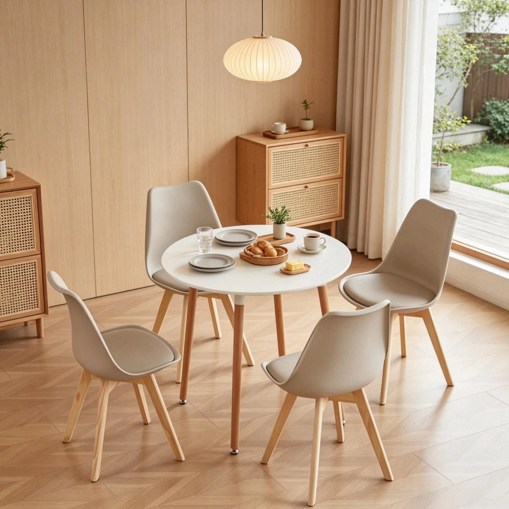 Set tavolo e sedie 5 pezzi con tavolo rotondo e 4 sedie in plastica legno e similpelle per cucina e sala da pranzo