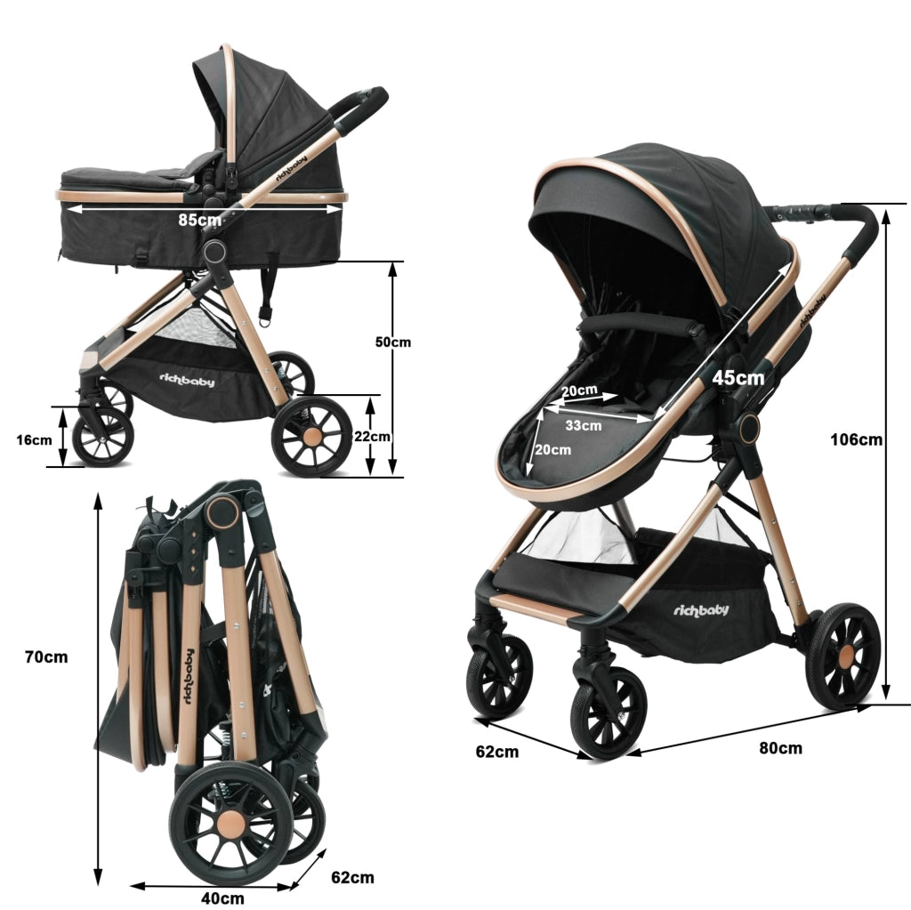 Passeggino 2 in 1 ULEVR reversibile e pieghevole con schienale regolabile, ruote EVA e cappottina, nero antico