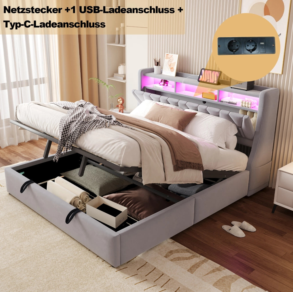 Polsterbett 180x200 cm con contenitore; testiera ribaltabile; LED; USB e USB-C; velluto grigio chiaro
