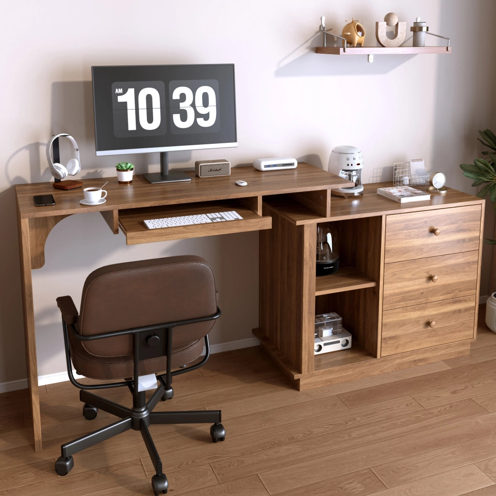 Scrivania dritta con piano estraibile; ripiano per tastiera e 3 cassetti in MDF color noce 110 × 40 × 75.5 cm