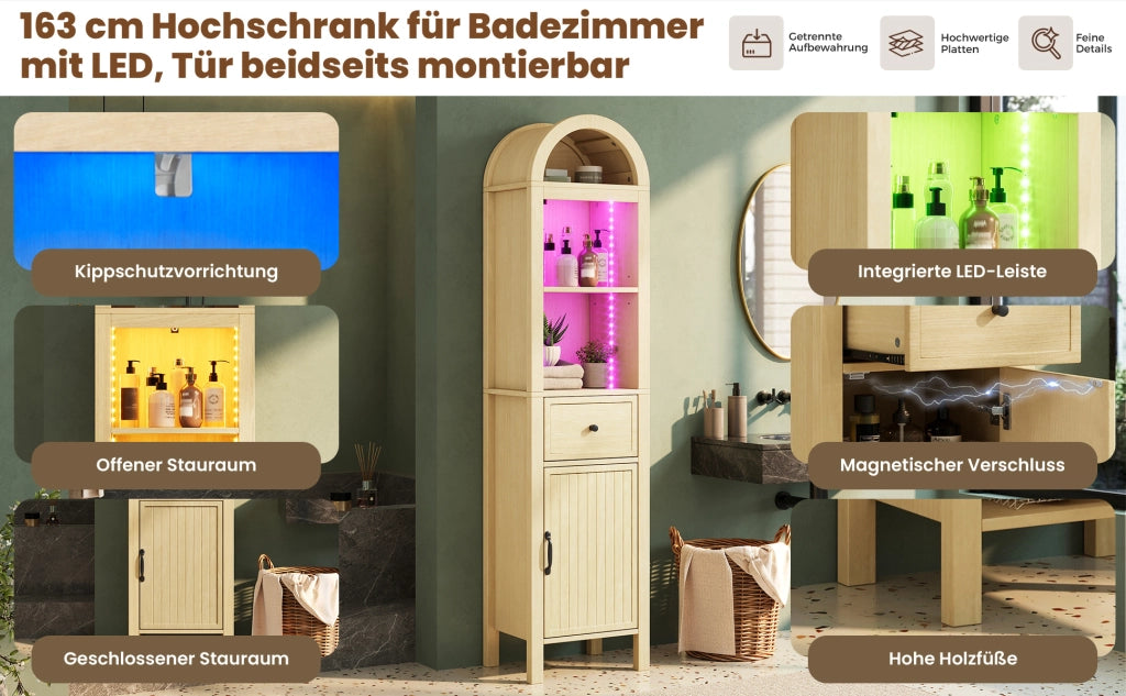 Armadio alto da bagno 163 cm in MDF con LED RGB, anta reversibile e cassetto, colore legno naturale