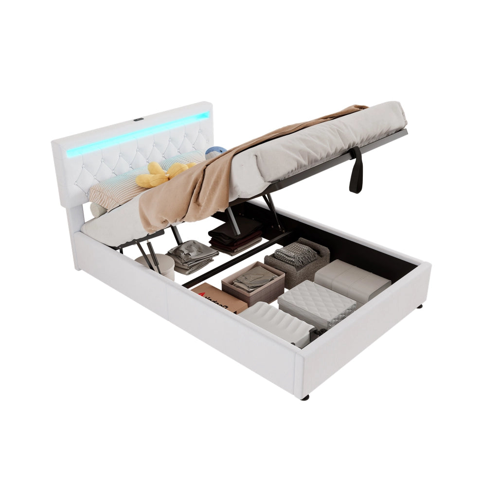 Letto per adulti imbottito 140x200 cm con vano contenitore idraulico; LED; USB e Type-C; lino bianco