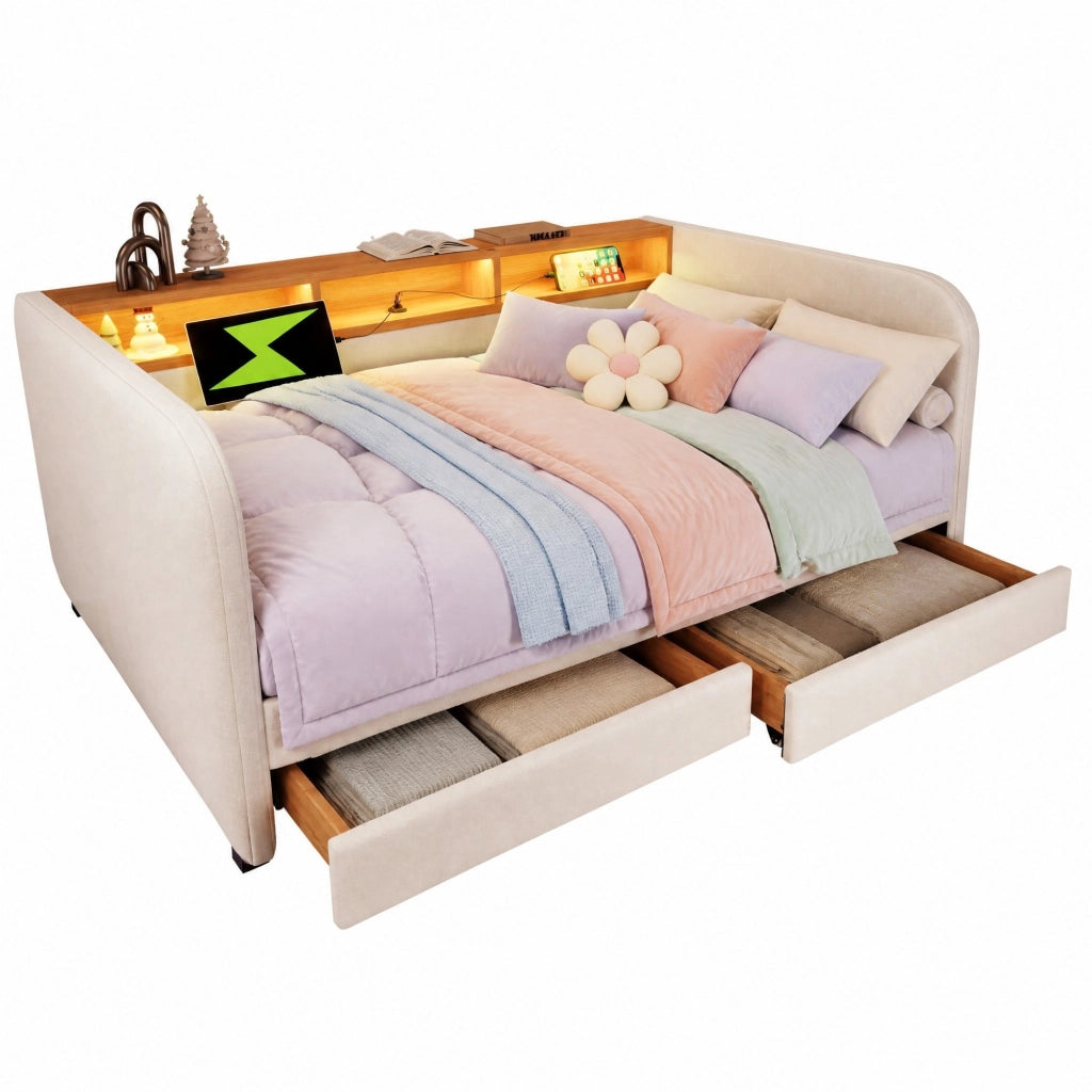 Letto imbottito 140x190 cm con LED, USB e USB-C, 2 cassetti e testiera in lino beige chiaro