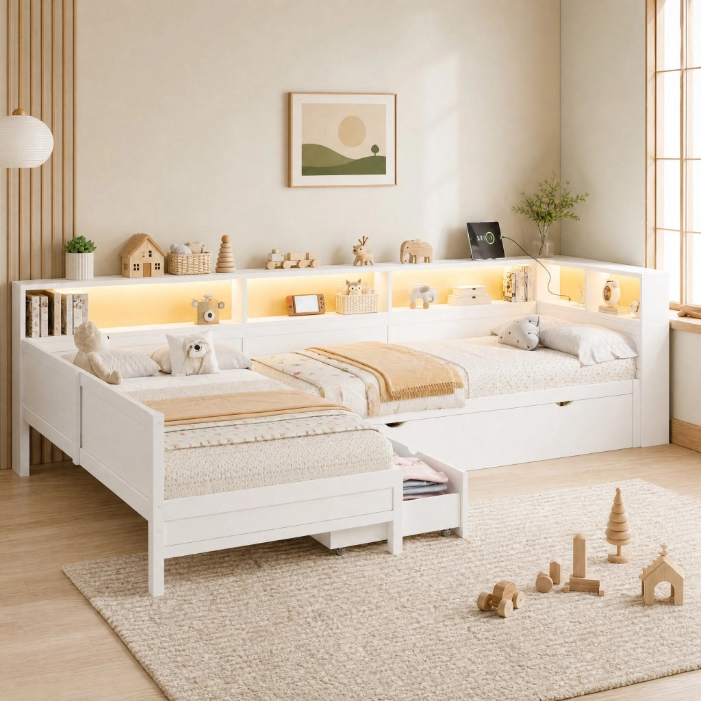 Letto con letto estraibile 90 × 200 cm a L con 5 vani cassetto LED e stazione USB in MDF bianco