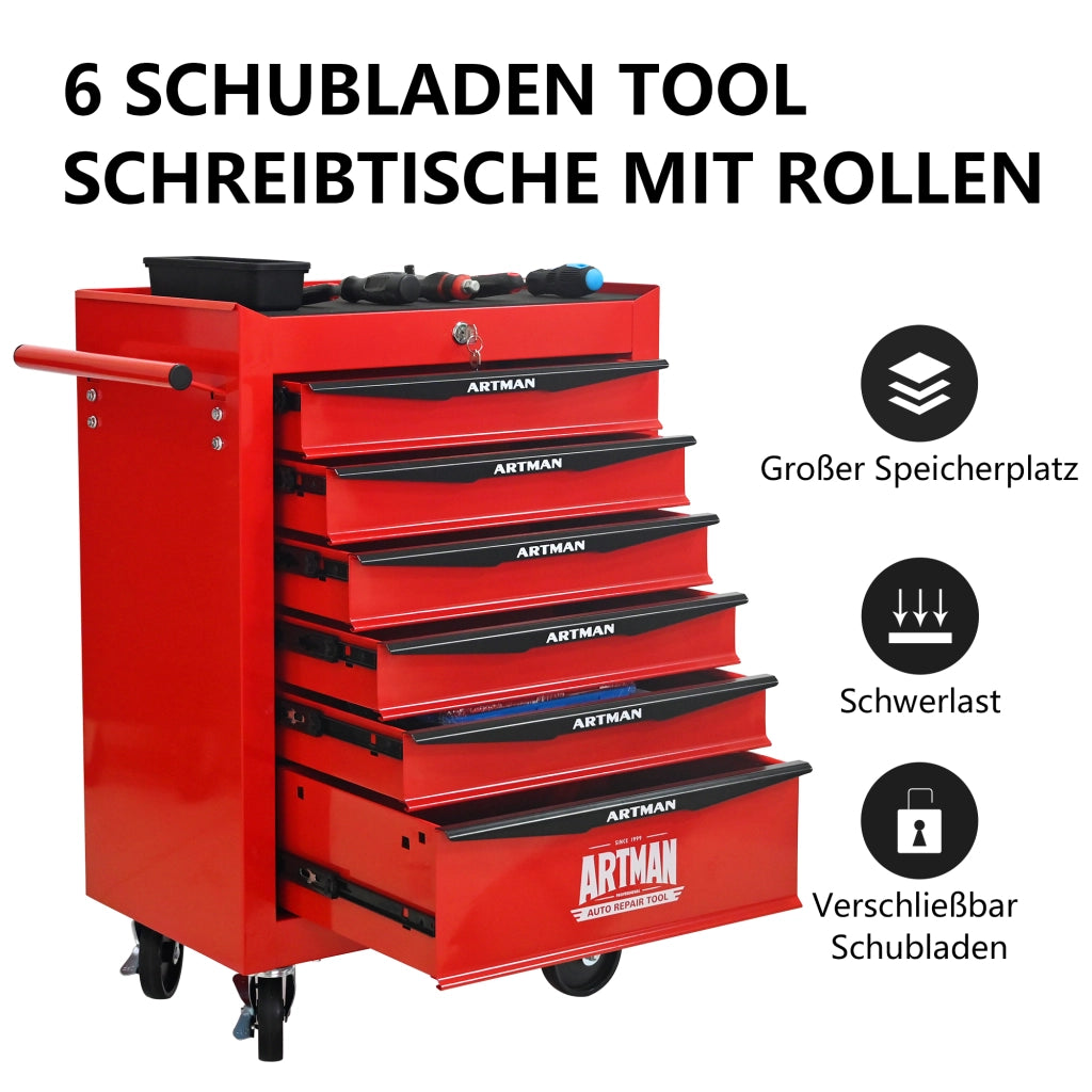 Armadio da officina mobile con 6 cassetti e ruote con freno in acciaio rosso e nero 60.0 × 33.0 × 77.5 cm