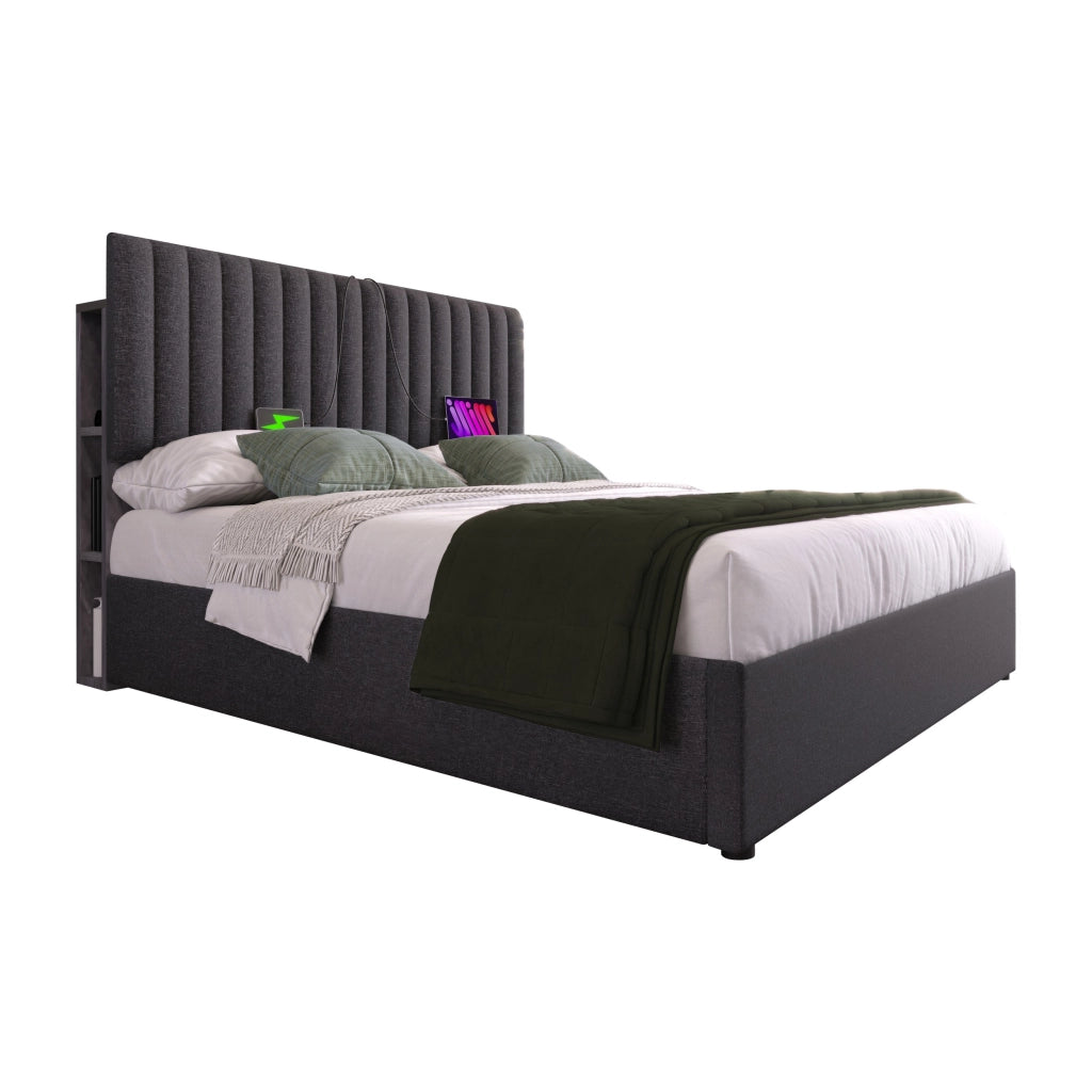 Letto matrimoniale imbottito 140 ¡Á 200 cm con contenitore LED USB Type-C in lino grigio con rete a doghe