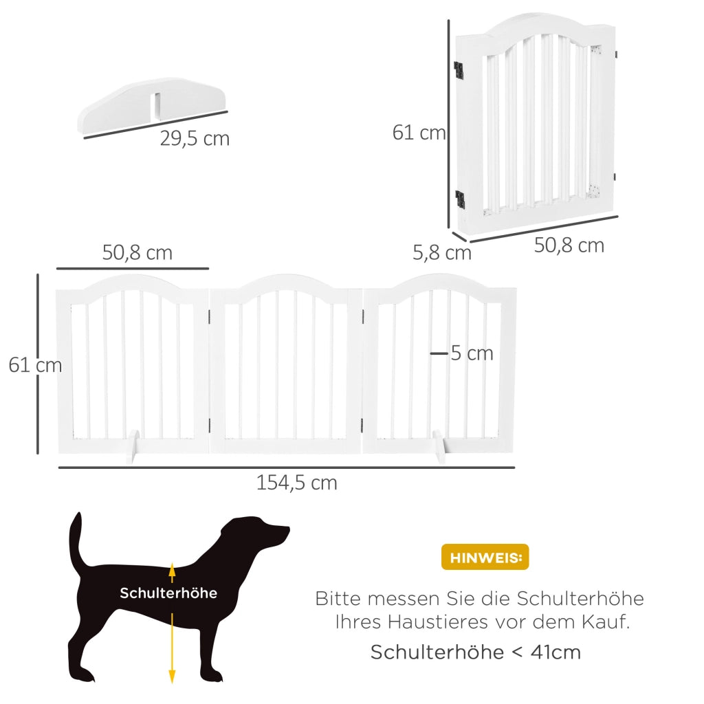 Cancelletto per cani richiudibile a 3 pannelli in legno e MDF bianco con piedi di supporto 154.5 × 61 cm