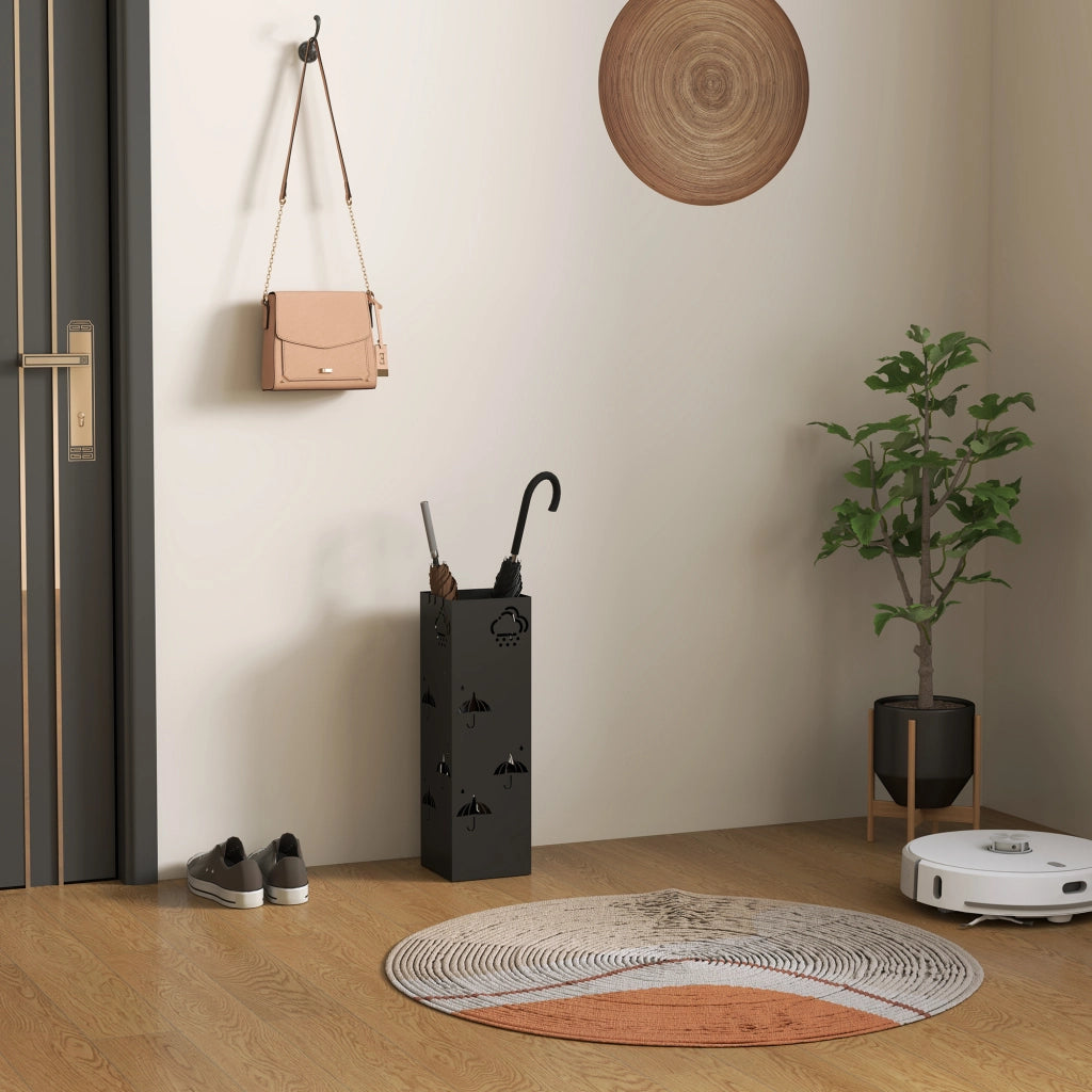 Portaombrelli in metallo con 4 ganci e vassoio ¨C Minimal ¨C Nero