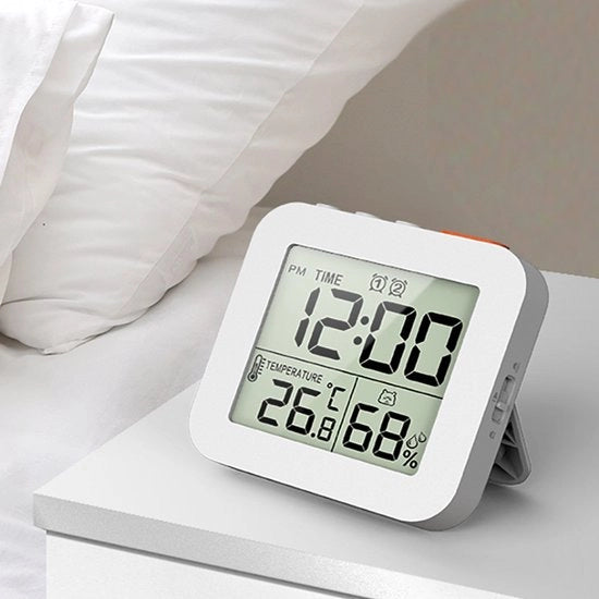Termometro e igrometro digitale, con orologio e timer, visualizzazione 12/24 ore, timer countdown, 2 allarmi, bianco.