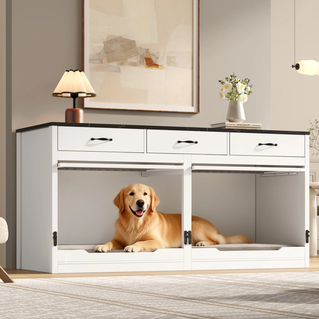 Gabbia per cani per 2 cani con 3 cassetti - divisorio removibile - coperchio pieghevole, bianco/nero - 164x60x81 cm