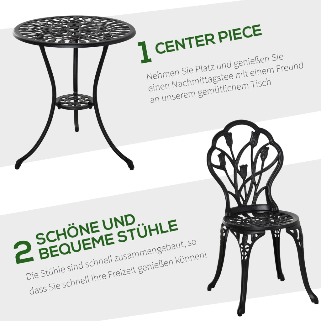Set bistrot da esterno in alluminio nero con tavolo e 2 sedie