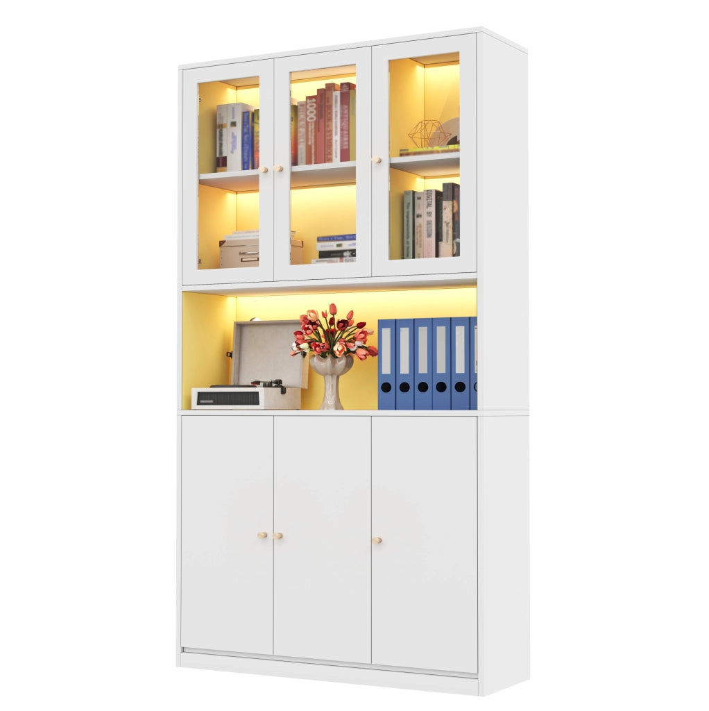 Libreria alta 100×35×200 cm con vetrina in vetro, LED multicolore, vani aperti e 3 ante, bianco