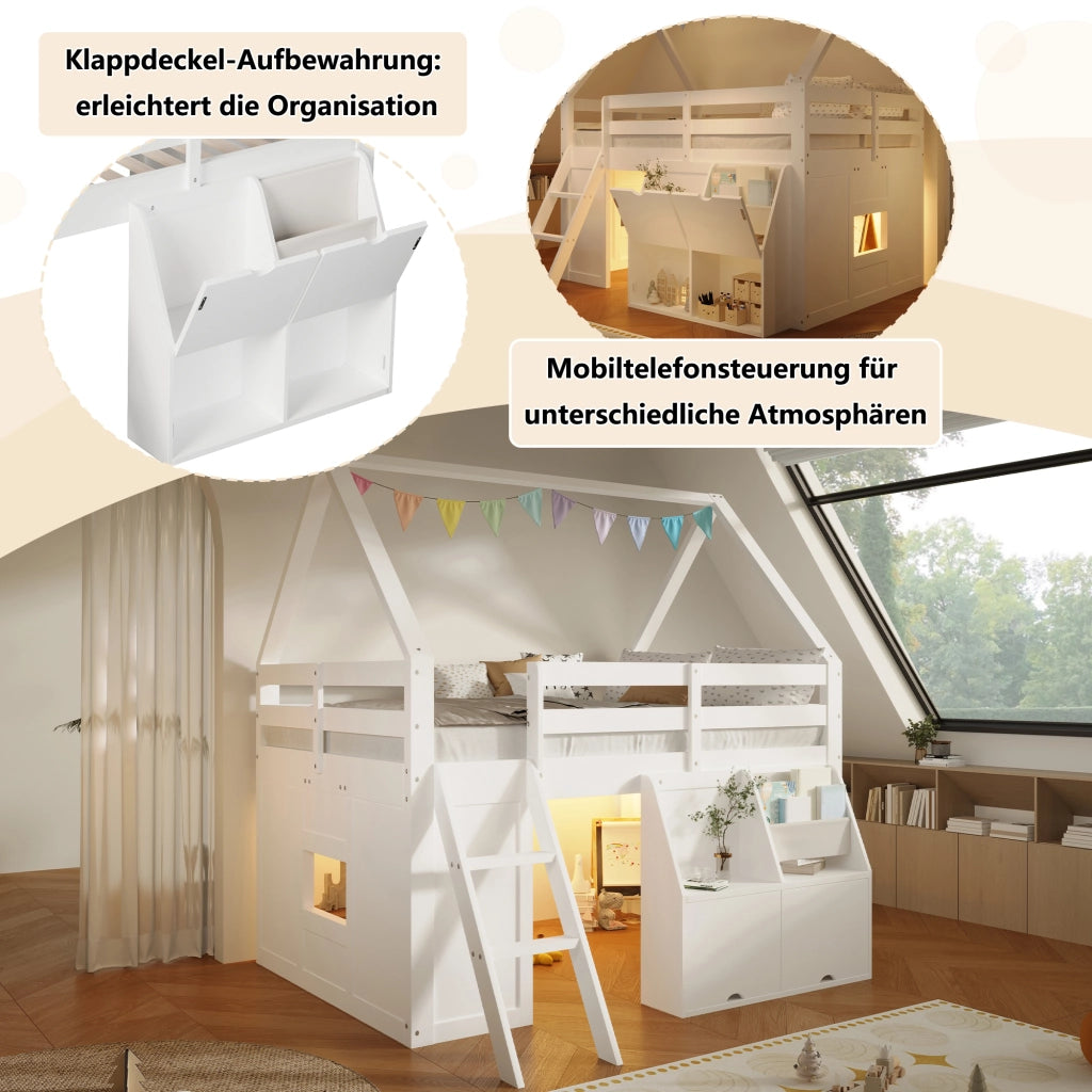 Letto a soppalco per bambini 140 × 200 cm con scala, LED, contenitori e tasche, senza materasso, bianco