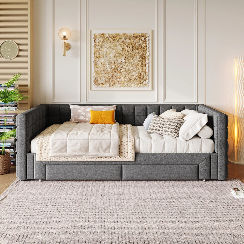 Letto singolo estraibile 90 ¡Á 200 cm in velluto grigio con schienale quadrato e due cassetti