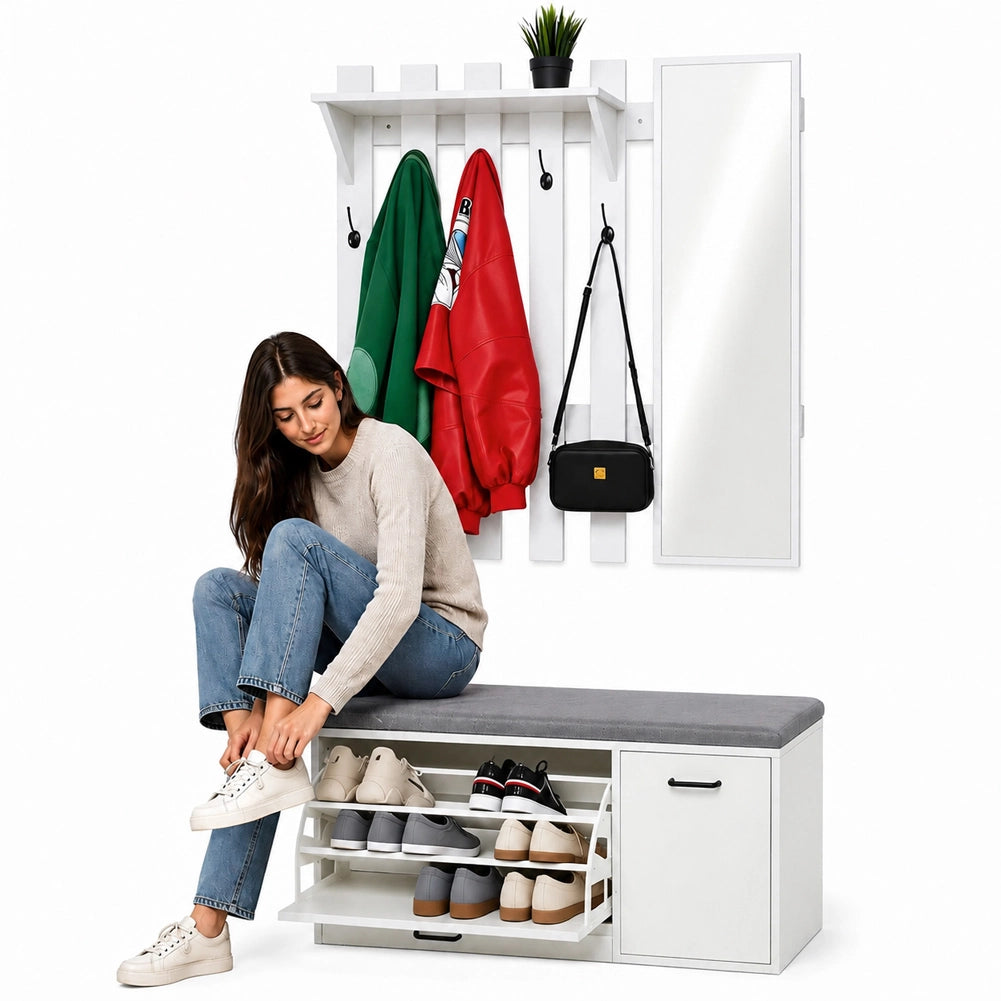 Set Ingresso con Scarpiera e Appendiabiti con Specchio Attaccapanni Bianco