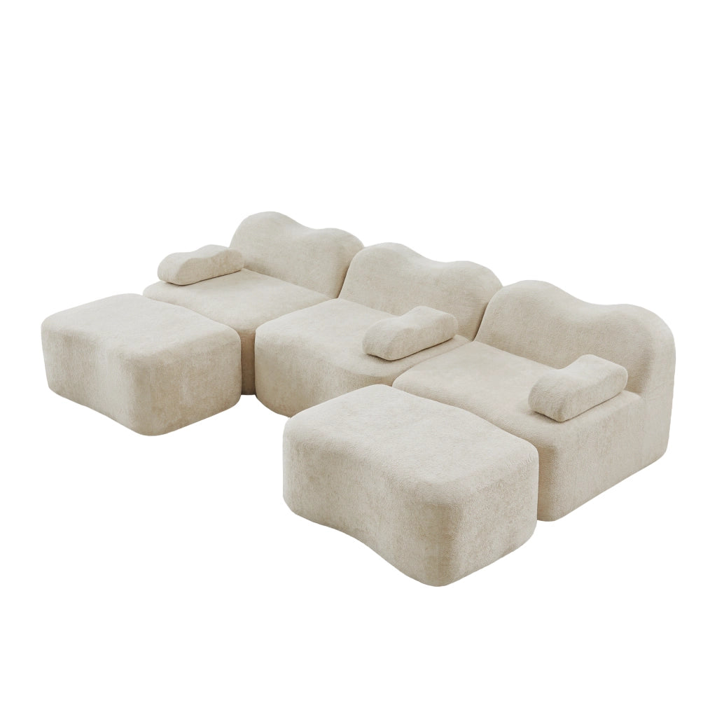 Divano panoramico modulare a 3 posti con 2 pouf in velluto beige configurabile a U o L con seduta profonda