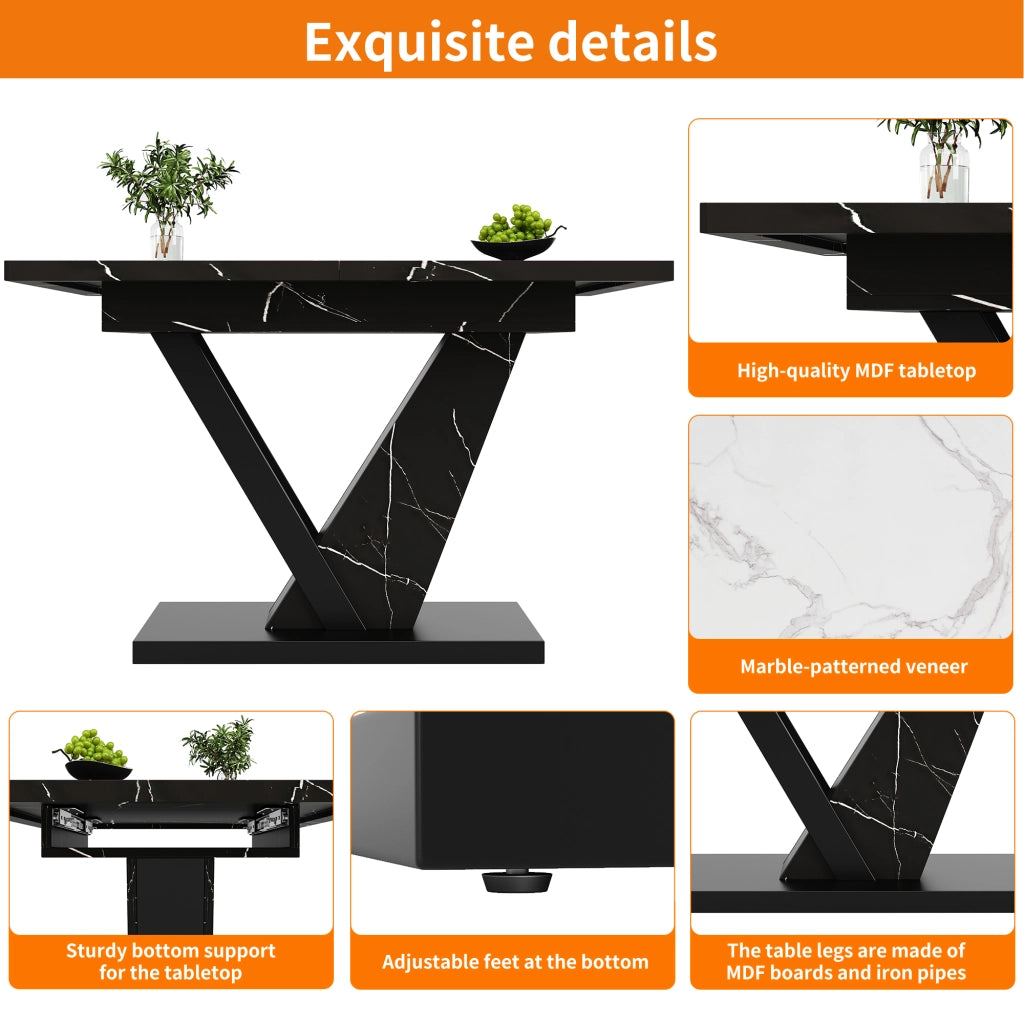 Tavolo allungabile con piano in MDF effetto marmo nero guide telescopiche e gambe regolabili 120 × 75 × 75.5 cm