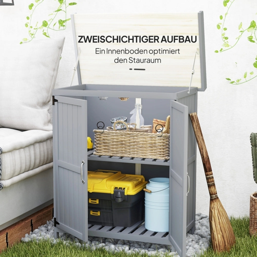Armadio da esterno in legno con piano di lavoro; ante doppie e acciaio inox grigio 74 × 43 × 88 cm